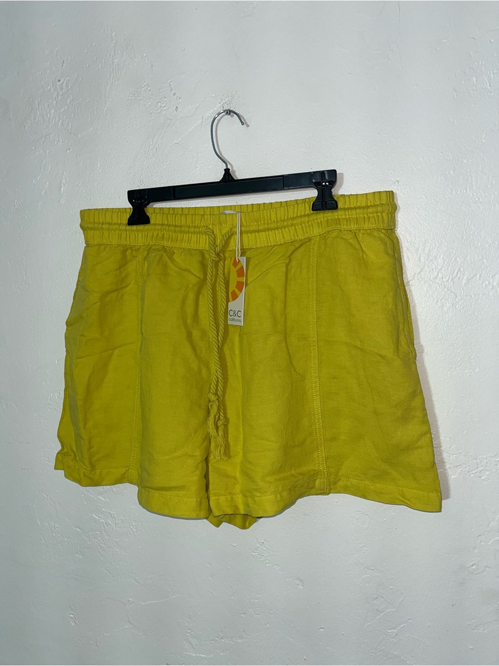 C&C California Bright Yellow Linen Lyocell Blend Drawstring Rope Pocket Shorts